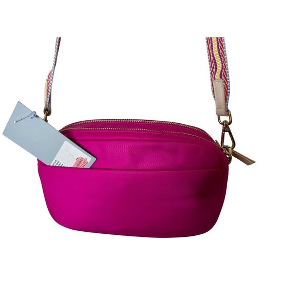 New Antonio Melani Fuchsia Crossbody Nylon Bag Multicolor Strap Gold Accents - Picture 4 of 9